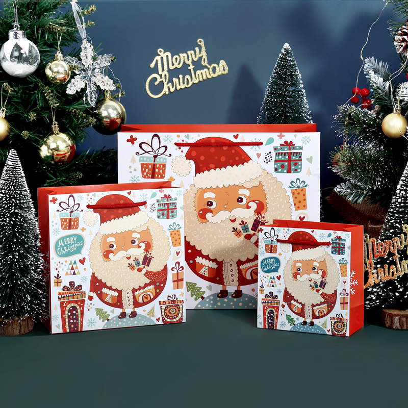 Christmas Themed White Cardboard Gift Bag with Cotton Rope Handle