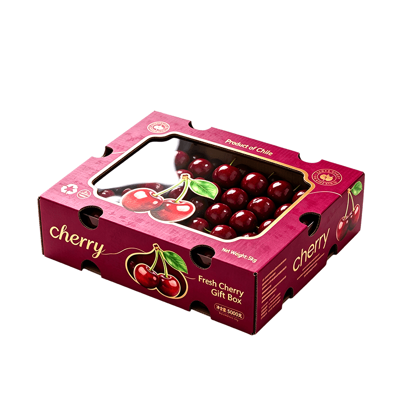 Burgundy Corrugated Cherry Box with Window and Gold Foil Stamping